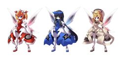  3girls black_hair blonde_hair blue_eyes bow brown_eyes commentary_request dress drill_hair hairbow long_hair luna_child marik_(artist) mechanization medarot multiple_girls parody ribbon short_hair star_sapphire sunny_milk touhou twintails wings 