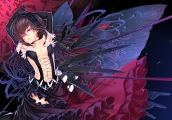  accel_world black_hair commentary_request dress elbow_gloves female gloves headdress kuroyukihime long_hair midriff navel pink_eyes shiokonbu solo wings 