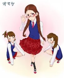  3girls adjusting_eyewear alternate_hairstyle bespectacled braid brown_eyes brown_hair collared_shirt commentary_request crossed_legs futami_ami futami_mami glasses grin hair_bobbles hair_ornament idolmaster idolmaster_(classic) minase_iori multiple_girls pink_eyes plaid plaid_skirt pleated_skirt red-framed_eyewear school_uniform shirt shoes siblings side_ponytail sisters skirt smile squatting standing sweater_vest teeth the_best_schoolmate_(idolmaster) twin_braids twins uwabaki wata_do_chinkuru 