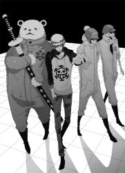  bear bepo boots cabbie_hat denim earflap_hat full_body fuzzy_hat hand_in_pocket hand_on_hat hand_on_headwear hat hat_pompom heart_pirates hood hoodie jeans jolly_roger jumpsuit male male_focus monochrome multiple_boys nodachi one_piece pants penguin_(one_piece) pirate raglan_sleeves scabbard shachi_(one_piece) sheath sheathed sheathed_sword smiley_face standing sword tiles trafalgar_law walking weapon 