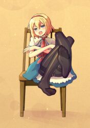  alice_margatroid black_pantyhose blonde_hair blue_eyes blush capelet chair commentary_request crossed_arms crossed_legs feet female hairband highres kimarin no_shoes open_mouth panties panties_under_pantyhose pantyhose short_hair sitting soles solo thighband_pantyhose touhou underwear yellow_background 