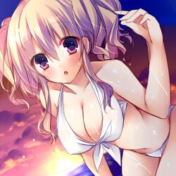  :o bad_id bad_pixiv_id bikini blonde_hair blush breasts cleavage cloud commentary_request female front-tie_top halterneck hanging_breasts large_breasts looking_at_viewer lowres navel original red_eyes shiny_skin short_hair sky solo sorai_shin&#039;ya sunset swimsuit twintails wet white_bikini 