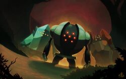  bush commentary_request dark glowing night no_humans perspective pokemon pokemon_(creature) regice regirock registeel ry-spirit signature standing 