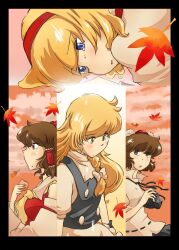  4girls alice_margatroid autumn bad_id bad_pixiv_id blonde_hair blue_eyes blush bow braid brown_eyes brown_hair camera cloud crying crying_with_eyes_open falling_leaves food from_side hair_tubes hairband hairbow hakurei_reimu hat headband highres holding holding_camera kirisame_marisa leaf long_hair maple_leaf multiple_girls no_headwear non_(z-art) profile sad shameimaru_aya tears tokin_hat touhou upper_body yellow_eyes 