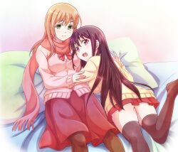  2girls :d achiga_school_uniform black_hair black_pantyhose black_thighhighs blonde_hair bow breasts brown_legwear cardigan commentary_request e20 green_eyes long_hair looking_at_viewer lying matsumi_kuro matsumi_yuu medium_breasts multiple_girls on_stomach open_mouth pantyhose pillow red_eyes saki_(manga) saki_achiga-hen scarf school_uniform siblings sisters skirt smile thighhighs zettai_ryouiki 