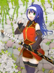  ahoge bad_id bad_pixiv_id bare_shoulders blue_hair commentary_request detached_sleeves elbow_gloves female fingerless_gloves fire_emblem fire_emblem:_radiant_dawn gloves green_eyes hairband highres mia_(fire_emblem) shiina_maru sword thighhighs weapon white_hairband 