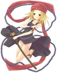  beads black_dress blonde_hair brown_eyes commentary_request dress female head_scarf highres katana kyouyama_anna prayer_beads sandals shaman_king short_hair solo sword tenhi_tsukitori weapon 