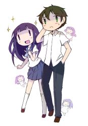  1boy blue_eyes blue_hair brown_hair chibi chitanda_eru commentary_request female green_eyes highres hyouka kamiyama_high_school_uniform_(hyouka) mini_person minigirl multiple_persona oreki_houtarou school_uniform serafuku sparkle tsumura_z |_| 