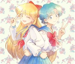  2girls aino_minako back-to-back bad_id bad_pixiv_id bishoujo_senshi_sailor_moon blonde_hair blue_eyes blue_hair blue_sailor_collar bow chika_(12chika) earrings floral_background hairbow half_updo jewelry juuban_middle_school_uniform locked_arms long_hair long_sleeves looking_at_viewer mizuno_ami multiple_girls neckerchief one_eye_closed open_mouth pocket red_bow sailor_collar school_uniform serafuku shiba_koen_middle_school_uniform short_hair skirt smile standing v yellow_eyes 