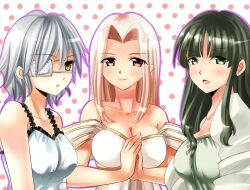  3girls blonde_hair blue_dress breasts claudia_hortensia cleavage commentary_request dress eyepatch fate/zero fate_(series) green_dress green_eyes green_hair grey_hair irisviel_von_einzbern irisviel_von_einzbern_(angel&#039;s_song) long_hair looking_at_viewer multiple_girls nagare pink_hair red_eyes short_hair tohsaka_aoi white_dress yellow_eyes 