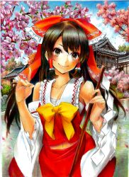  architecture bare_shoulders bow brown_eyes brown_hair cherry_blossoms collarbone colored_pencil_(medium) commentary_request detached_sleeves east_asian_architecture female gohei graphite_(medium) hair_tubes hairbow hakurei_reimu hands highres long_hair midriff navel nobita_(makoto7060355) sarashi shrine smile solo touhou traditional_media 