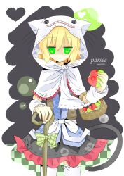  :3 absurdres animal_hood apple arm_warmers bad_id bad_pixiv_id basket bitten_apple blonde_hair cane character_name commentary_request dress female food food_bite fruit green_apple green_eyes heart heart-shaped_pupils highres hood jitome kouzidaren looking_at_viewer mizuhashi_parsee partial_commentary photoshop_(medium) pointy_ears ribbon sash scarf short_hair skirt solo symbol-shaped_pupils tail thighhighs touhou 