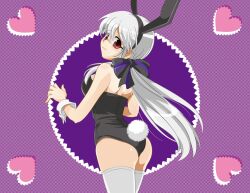  animal_ears ass bow commentary_request female grey_hair hairbow long_hair looking_back playboy_bunny ponytail rabbit_ears rabbit_tail red_eyes summer_tree_(natsuking) tail thighhighs very_long_hair vocaloid wrist_cuffs yowane_haku 