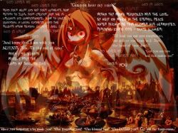  angel angel_wings breasts cleavage crazy crazy_smile destruction fire goddess ilias mon-musu_quest! pointy_ears wings yandere 