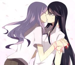  2girls aoki_shizumi bad_id bad_pixiv_id black_hair glasses heartcatch_precure! kissing kurumi_momoka long_hair multiple_girls myoudou_gakuen_high_school_uniform precure purple_hair school_uniform string string_of_fate tsukikage_yuri yuri 