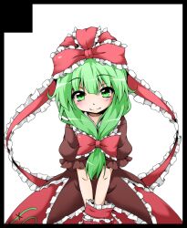  adapted_costume arm_ribbon black_border blush border bow circle_cut commentary_request dress female front_ponytail green_eyes green_hair hair_ornament hair_ribbon hairbow kagiyama_hina long_hair looking_at_viewer red_dress ribbon short_sleeves simple_background smile solo touhou v_arms white_background yoshihiro-m 