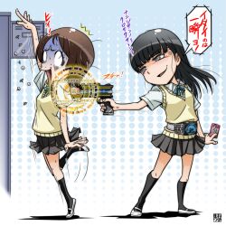  2girls amagami anger_vein ayatsuji_tsukasa bad_id bad_pixiv_id black_eyes black_hair brown_eyes brown_hair gun kamen_rider kamen_rider_dcd kamen_rider_diend kibito_high_school_uniform kurosawa_noriko locker long_hair multiple_girls osomatu-sama parody pleated_skirt school_uniform shoes skirt sweater_vest thumbtack tiptoes translated uwabaki weapon 