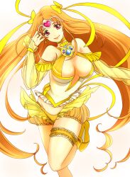  adapted_costume aged_up bow breasts bridal_garter brooch choker circlet commentary_request cure_muse_(yellow) detached_sleeves female hairbow heart jewelry large_breasts long_hair magical_girl medium_breasts midriff nmty orange_hair panties pink_eyes precure see-through shirabe_ako smile solo standing standing_on_one_leg suite_precure twintails underwear white_background yellow_bow yellow_choker yellow_panties yellow_theme 