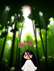  &gt;_&lt; akou_roushi black_hair closed_eyes commentary_request female forest long_hair nature open_mouth painttool_sai_(medium) sleeves_past_wrists solo tears the_ring translated tree very_long_hair yamamura_sadako 