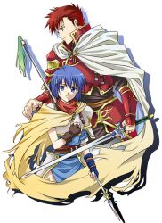  1boy agahari armor blue_eyes blue_hair cain_(fire_emblem:_shadow_dragon) cape catria_(fire_emblem) female fingerless_gloves fire_emblem fire_emblem:_mystery_of_the_emblem gloves headband polearm short_hair spear sword weapon 