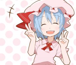  blue_hair blush closed_eyes commentary_request double_v female hat hat_ribbon ladfa open_mouth remilia_scarlet ribbon smile solo touhou v 