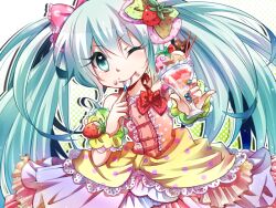  aqua_eyes aqua_hair commentary_request dress eating female food food_on_face hatsune_miku ice_cream long_hair nail_polish one_eye_closed pinky_out smile solo spoon sundae tsujiori twintails very_long_hair vocaloid 