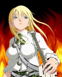  blonde_hair blue_eyes breasts btooom! commentary_request female fire highres himiko_(btooom!) jacket large_breasts long_hair sleeves_rolled_up smile_(rz) solo 