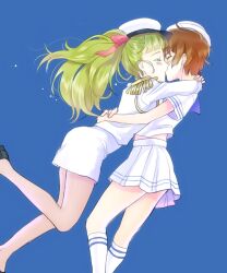  2girls bad_id bad_pixiv_id blonde_hair blue_background brown_hair couple dixie_cup_hat epaulettes green_eyes hat highres hug jenny_dolittle kissing long_hair lynn_lambretta midriff military_hat miniskirt_pirates multiple_girls pantyhose peaked_cap sailor see-through see-through_legwear short_hair simple_background skirt socks takeuchi_aya white_legwear yuri 