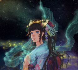  black_hair blue_eyes commentary_request female floral_print hagoromo hair_ornament hands_on_own_chest headdress japanese_clothes kimono lips luke_uehara milky_way morning_glory_print nebula night night_sky nose original parted_lips shawl sky solo star_(sky) star_(symbol) star_hair_ornament starry_sky tanabata 