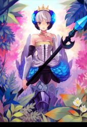  armor armored_dress bad_id bad_pixiv_id blunt_bangs choker cocorip crown dress female flower forest gwendolyn_(odin_sphere) hair_ornament hand_on_own_neck leaf nature odin_sphere photoshop_(medium) polearm purple_eyes solo spear strapless strapless_dress tiara weapon white_hair 