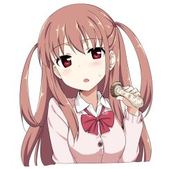  achiga_school_uniform atarashi_ako blush brown_eyes brown_hair long_hair mushroom open_mouth saki saki_achiga-hen sexually_suggestive simple_background solo sweat takayaki twintails two_side_up white_background 