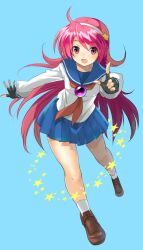  :d asamiya_athena bad_id bad_pixiv_id blue_background female fingerless_gloves gloves hair_ornament hairband hayama_eishi highres long_hair open_mouth pink_eyes red_hair school_uniform serafuku simple_background skirt smile solo star_(symbol) star_hair_ornament the_king_of_fighters the_king_of_fighters_xiii 