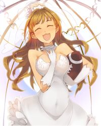  :3 american_football american_football_(object) ball bare_shoulders breasts brown_hair closed_eyes commentary_request covered_navel dress elbow_gloves female gloves highres hino_akane_(idolmaster) idolmaster idolmaster_cinderella_girls kusanagi_kaoru large_breasts long_hair open_mouth smile solo wedding_dress 