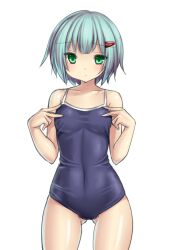  bare_shoulders blush casual_one-piece_swimsuit commentary_request covered_navel cowboy_shot female green_eyes green_hair hair_ornament hairclip one-piece_swimsuit original short_hair simple_background solo swimsuit taut_clothes taut_swimsuit tsukumiya_amane white_background wide_hips 