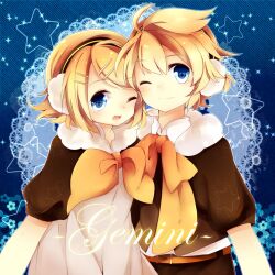  1boy asymmetry_(module) bad_id bad_pixiv_id blonde_hair blue_eyes brother_and_sister earmuffs female gemini_(vocaloid) hair_ornament hairclip kagamine_len kagamine_rin leeannpippisum looking_at_viewer one_eye_closed project_diva_(series) project_diva_2nd short_hair siblings smile twins vocaloid 