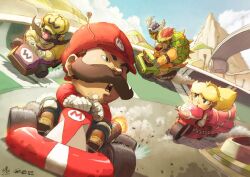  2boys blonde_hair blue_shell_(mario) blue_sky bowser chamba chibi cloud collaboration commentary day driving english_commentary facial_hair female go-kart grin holding looking_back mario mario_(series) mario_kart mario_kart_wii motor_vehicle motorcycle mountain moustache multiple_boys nose perspective princess princess_peach race_vehicle racing ry-spirit shell signature sky smile stubble teeth wario 