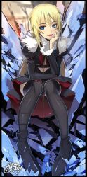  black_thighhighs blonde_hair blue_eyes boots border commentary_request female guilty_crown guilty_crown_lost_christmas hand_on_own_chin head_rest long_hair looking_at_viewer nitroplus ookuma_nekosuke open_mouth photoshop_(medium) present_(guilty_crown) signature sitting solo thighhighs tongue 