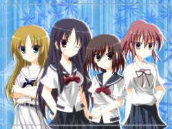  4girls atago_hiroe bad_id bad_pixiv_id blonde_hair blue_eyes eg_(aibuster7) green_eyes himematsu_school_uniform long_hair multiple_girls onjouji_toki oohoshi_awai ponytail red_hair ribbon saki_(manga) saki_achiga-hen school_uniform senriyama_school_uniform serafuku shimizudani_ryuuka shiraitodai_school_uniform short_hair short_sleeves 