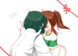  1boy bad_id bad_pixiv_id blush brown_hair closed_eyes female green_hair haku_(sen_to_chihiro_no_kamikakushi) inose_riku kissing ogino_chihiro ponytail sen_to_chihiro_no_kamikakushi shirt straight striped surprise_kiss surprised white_shirt 