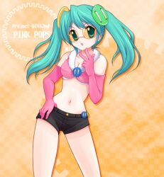  aoya_(hoshixii) aqua_hair bad_id bad_pixiv_id black_shorts elbow_gloves female glasses gloves green_eyes hatsune_miku long_hair navel project_diva_(series) project_diva_2nd short_shorts shorts solo twintails vocaloid 