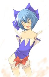  arms_behind_back bare_shoulders bloomers blue_bow blue_hair blush bow cirno collarbone commentary_request female flat_chest hairbow md5_mismatch mitsuki_yuuya open_mouth short_hair smile solo touhou underwear wardrobe_error 