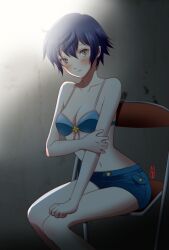  bad_id bad_pixiv_id bare_shoulders bikini bikini_top_only blue_bikini blue_eyes blue_hair blue_shorts blush breasts cleavage denim denim_shorts female grey_eyes looking_at_viewer machinosuke medium_breasts midriff navel persona persona_4 shirogane_naoto short_hair shorts shy sitting solo swimsuit 