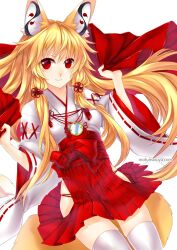  animal_ears bad_id bad_pixiv_id blonde_hair female fox_ears fox_tail hair_ribbon japanese_clothes kagachi_saku long_hair miko mirror original red_eyes ribbon smile solo tail thighhighs white_thighhighs 