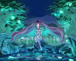  boots breasts commentary_request elbow_gloves ere_(2516325) female gloves green_eyes long_hair medium_breasts mushihime-sama mushihime-sama_futari night night_sky purple_hair reco sky solo thigh_boots thighhighs twintails very_long_hair 