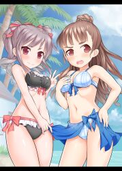  2girls bare_shoulders bikini blush breasts brown_hair commentary_request eyebrows hand_on_own_hip idolmaster idolmaster_cinderella_girls kamiya_nao kanzaki_ranko long_hair medium_breasts midriff multiple_girls navel red_eyes smile swimsuit takasaka_donten twintails v 