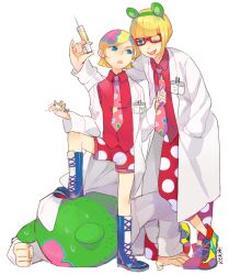  3boys animal_costume animal_ears arm_up artist_name bear_costume bear_ears bear_head blonde_hair blue_eyes blunt_bangs boots commentary cross-laced_footwear crossed_ankles face_down fake_animal_ears flower full_body glasses hand_in_pocket holding holding_syringe id_card irabu_ichirou kuuchuu_buranko lab_coat leaning leaning_forward lolicon long_sleeves male_focus multicolored_footwear multiple_boys multiple_persona necktie necktie_grab neckwear_grab one_eye_closed open_mouth polka_dot reka shoes shorts simple_background sneakers stepping sweat swept_bangs syringe white_background 