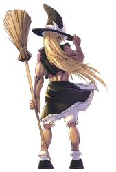  1boy broom cho_marisa commentary_request from_behind genderswap_(ftm) hat kirisame_marisa long_hair looking_back male_focus mitsuki_yuuya muscular rule_63 simple_background smile solo touhou very_long_hair white_background witch_hat 