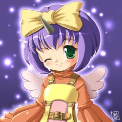  akiba_hideki aura blush bow eiko_carol fake_wings female final_fantasy final_fantasy_ix hairbow horns lolicon lowres one_eye_closed purple_hair short_hair single_horn smile wings yellow_bow 