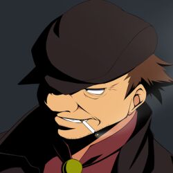  1boy amakara_surume bad_id bad_pixiv_id brown_hair cigarette darker_than_black flat_cap hat huang_(darker_than_black) lowres male_focus photoshop_(medium) shaded_face simple_background smoking solo 