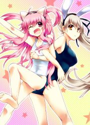  2girls angel_beats! animal_ears breasts brown_hair commentary_request company_connection crossover fake_animal_ears hair_ribbon key_(company) long_hair multiple_girls oerba_yun_fang one-piece_swimsuit open_mouth oshakana pink_eyes pink_hair rabbit_ears rewrite ribbon senri_akane side_ponytail star_(symbol) swimsuit white_one-piece_swimsuit yellow_eyes yui_(angel_beats!) 